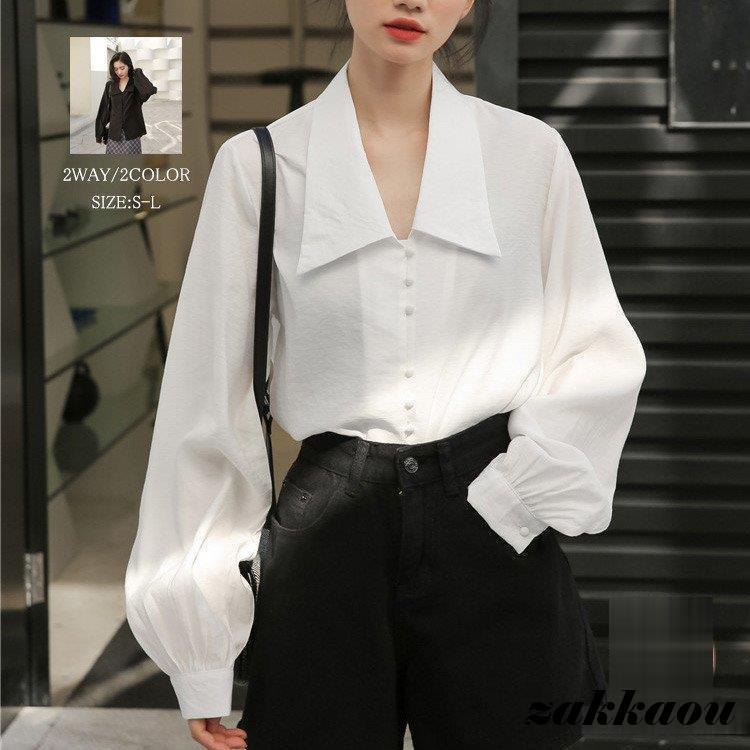 白シャツ シャツ ブラウス レディース トップス 白 ホワイトシャツ シャツブラウス パフスリーブ OL 無地 長袖 襟付き オフィス オシャレ きれいめ 春 夏 30代