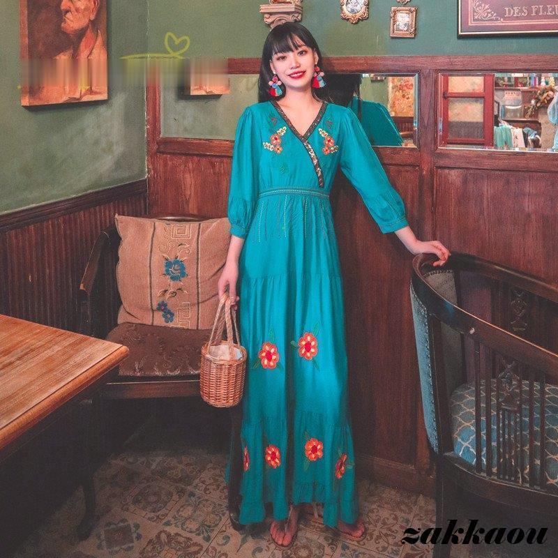 ワンピース レディースワンピース 春夏 マキシワンピース ハイウエスト 長袖 二次会 通勤 OL 40代 着痩せ 刺繍 4色 Aライン Vネック カジュアル エスニック