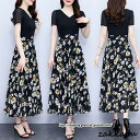 ワンピース 半袖 ロングワンピース フレアワンピース レディース夏服 ドレスワンピース フォーマル 花柄ワンピ Aライン スリム Vネック シフォンワンピ 切替 黒