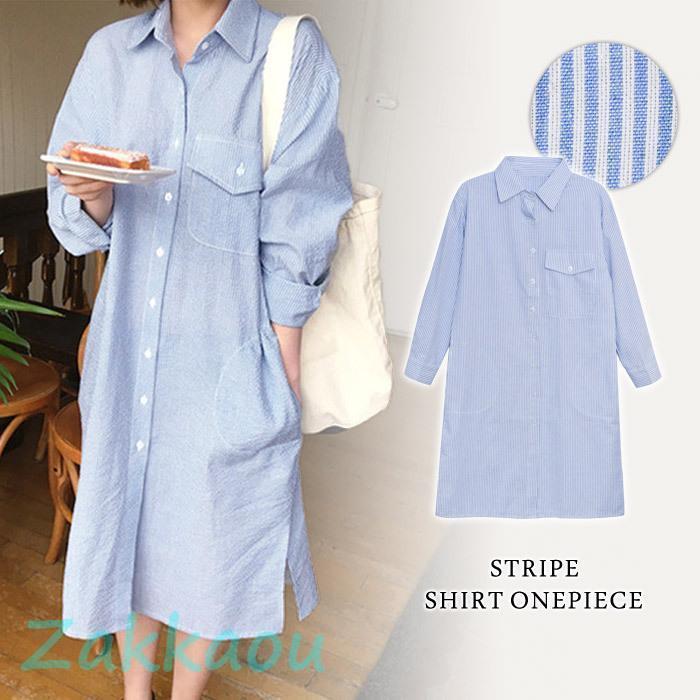 シャツワンピース レディース 春 夏 春夏 ワンピース ストライプ ブラウス ミディアム ロング ミモレ ..