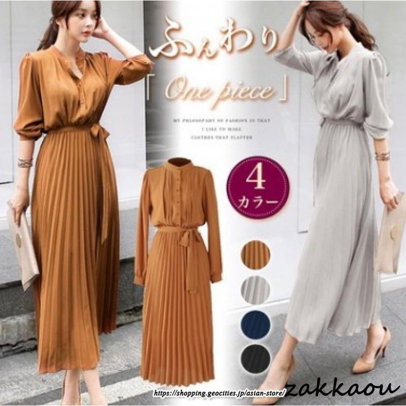ワンピース 七分袖 シフォン 秋ワンピース プリーツワンピース レディース 春夏秋冬 ロングワンピース 大きいサイズ Aライン 秋服 エレガント 着心地さらり