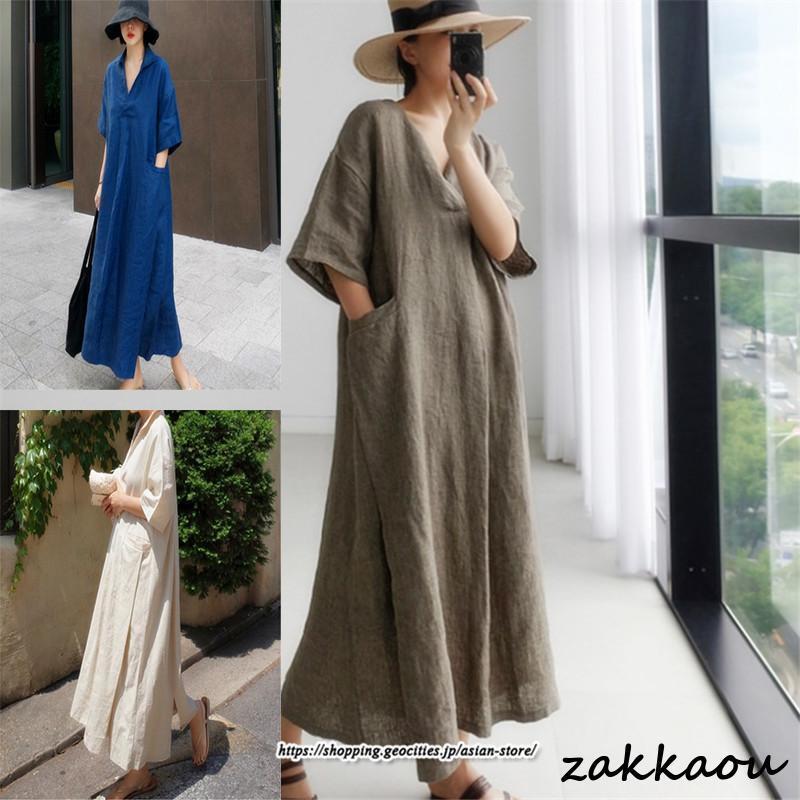 ワンピース レディース 春 夏 綿麻混 体型カバー 半袖 50代 40代 30代 20代 コットン 着心地 ロング 軽い おしゃれ ポケット vネック 着痩せ お出かけシーン