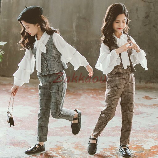 入学式スーツ 子供服 女の子 セットアップ フォーマル 長袖 トップス ズボン ベスト 3点セット チェック柄 子ども キッズ ジュニア ガールズ 七五三 卒業式
