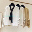 期間限定!11日まで10%OFF!シフォンブラウス ボウタイネック Vネック フリル シフォン シャツ ブラウス 長袖 トップス レディース