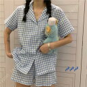 ルームウェア レディース パジャマ 綿 半袖 上下セット チェック柄 かわいい 夏 服 女性 ルームウェア 部屋着 便利服 コットン シンプル 寝巻き 家着 ヨ...