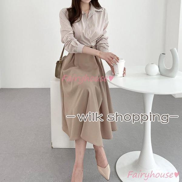 シャツワンピース レディース 40代 きれいめ マキシワンピース 秋服 長袖ワンピース ボーダー柄襟 Aラインスカート オシャレ韓国風 大人 通勤OL 30代 50代