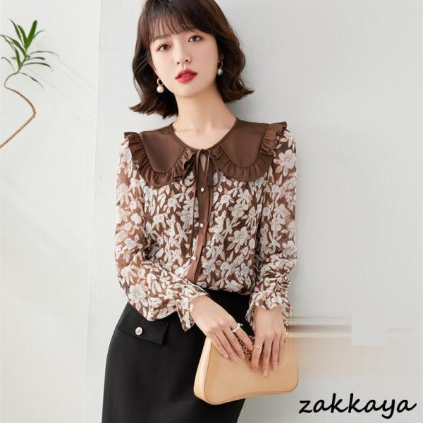シャツブラウス レディース 長袖 花柄 パフスリーブ シャツ ブラウス レディース オフィス カジュアル オシャレ かわいい 春 夏 秋