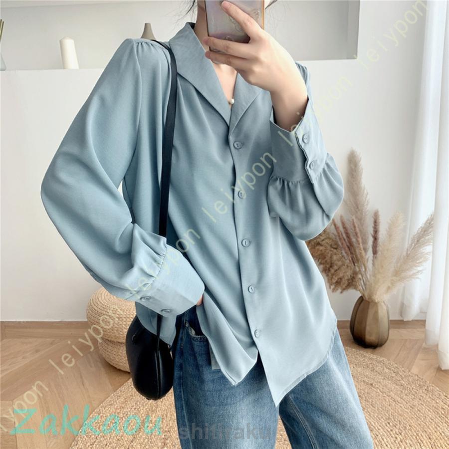 ブラウス シャツ レディース シフォン 長袖 トップス Vネック キレイめ 着痩せ 無地 通勤 OL オフィス カジュアル ボタン付き お出掛け 秋 冬 春 パフスリーブ