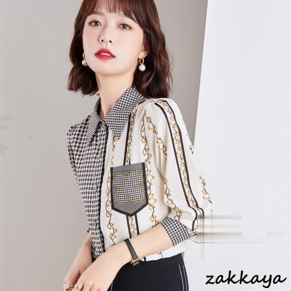 シャツブラウス レディース 長袖 配色フェミニン 襟 パフスリーブ シャツ ブラウス レディース オフィス カジュアル オシャレ かわいい 春 夏 秋