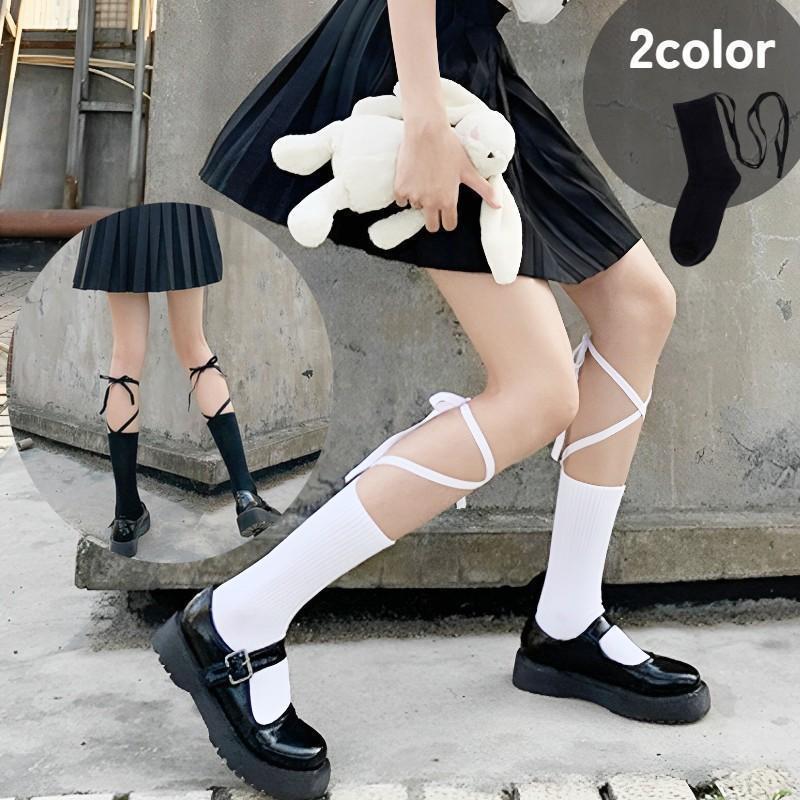 クルーソックス 靴下 ショートソックス レディース 女性用 リブ クルー丈 リボン結び 紐付き下着 イン..