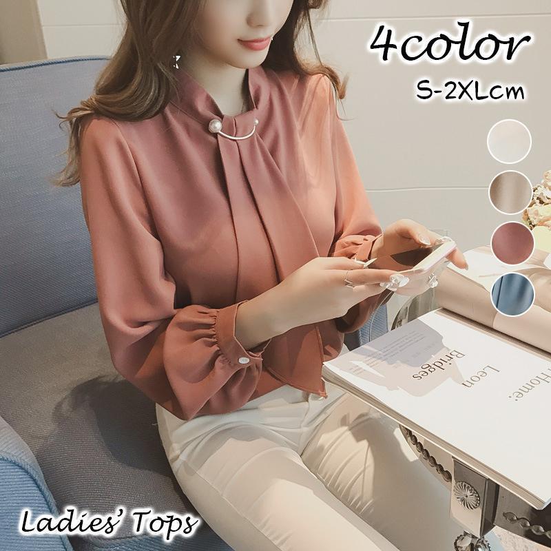 ブラウス 長袖 レディース プルオーバー トップス 無地 単色 ボウタイ ふんわり袖 パフスリーブ スタンドネック おしゃれ かわいい オフィス フェ