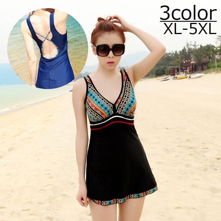 水着 ワンピース レディース 体型カバー フレアスカート Aライン ショート パッド付き カップ ノンワイヤー バックシャン エスニック柄 ブラック