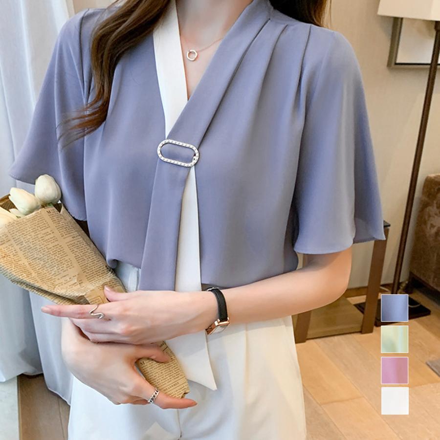 春 夏 秋 ボウタイブラウスフレア袖レディース 無地