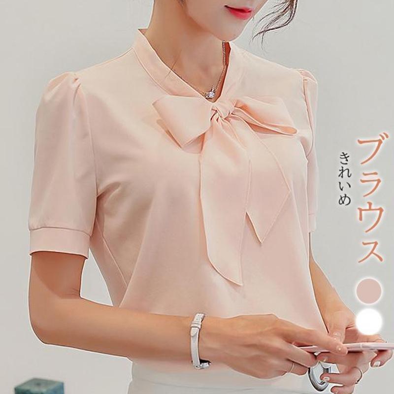 ブラウス レディース 半袖 シフォン チュニック トップス ブラウス ボウタイ リボン ボウタイシャツ ゆったり シャツ きれいめ 大きいサイズ