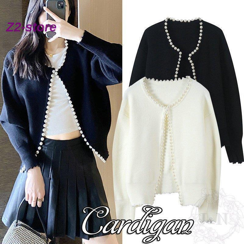 カーディガン 秋服 レディース 春 セーター ニット コート 長袖 真珠 冬 ノーカラージャケット トップ..