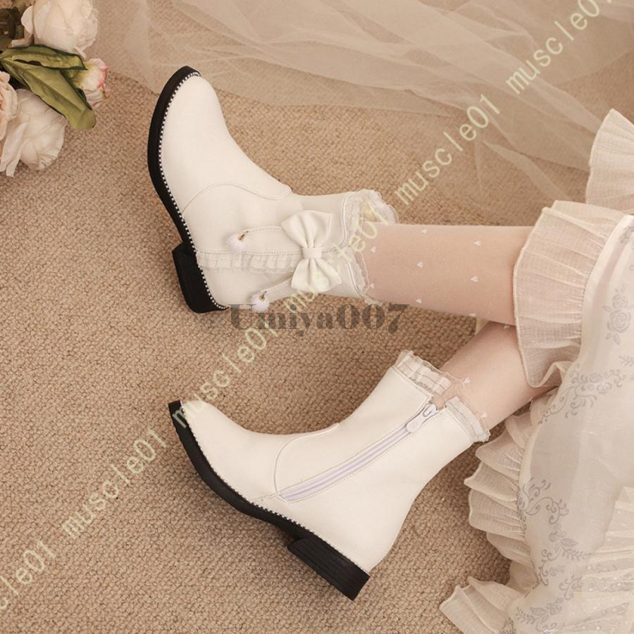 ロリータ ショートブーツ レディース 厚底ブーツ ぺたんこ コスプレシューズ 厚底 お嬢様風 コスプレ ..