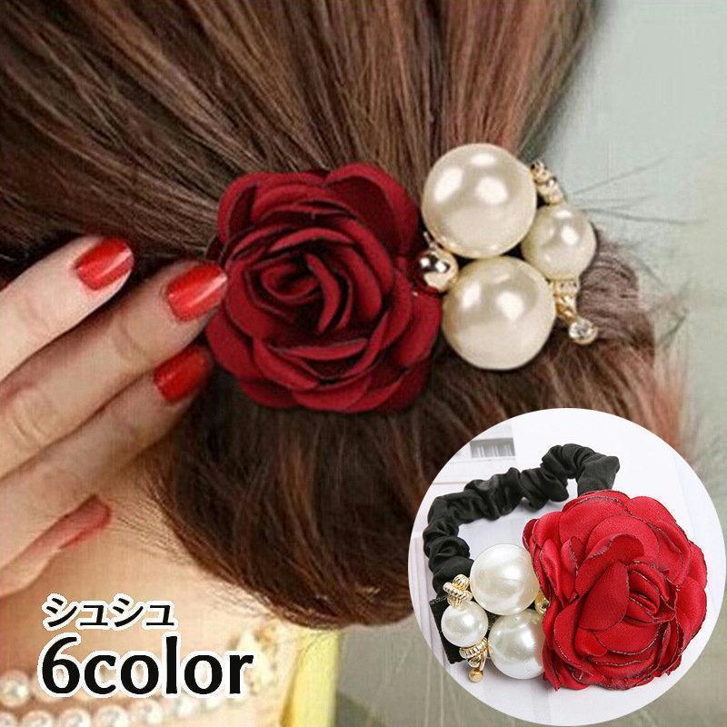 シュシュ ヘアゴム 髪留め レディース 女性用 ヘアアクセサリー バラ フラワーモチーフ 花 薔薇 フェイ..