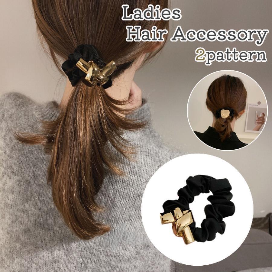 シュシュ レディース 女性 大人 ヘアゴム 髪ゴム ヘアアクセサリー ねじり 変形プレート 黒 ゴールドカ..
