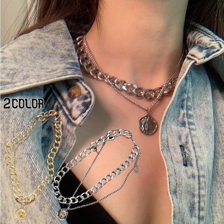 ネックレス チョーカーネックレス レディース ワイドチェーン ごつめ ゴツめ ゴールドカラー シルバー..