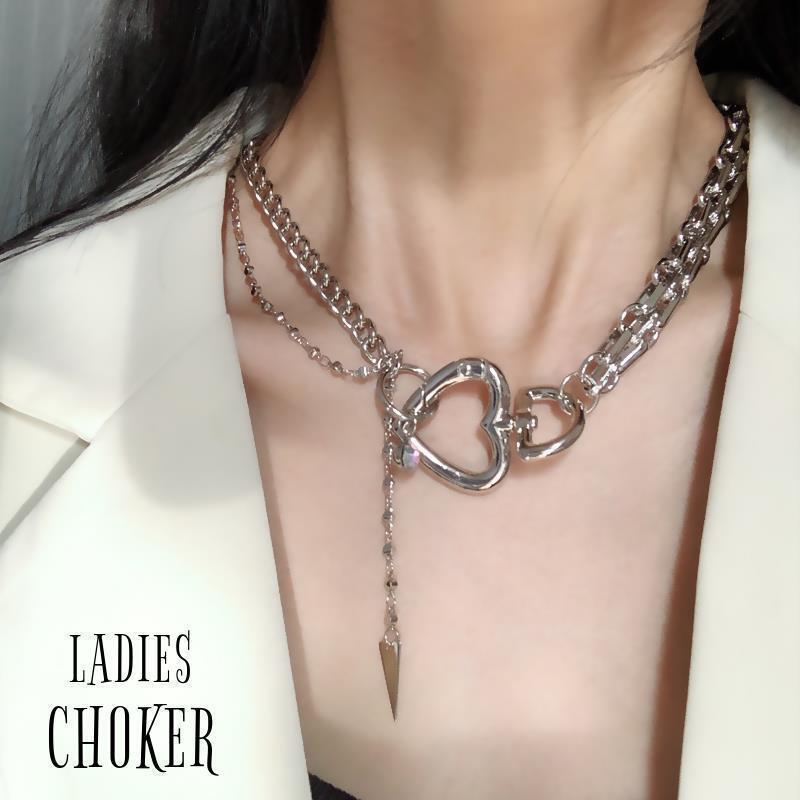 チョーカー レディース 女性用 アクセサリー ネックレス チェーン メタル 2連 ごつめ 太め ハート シル..
