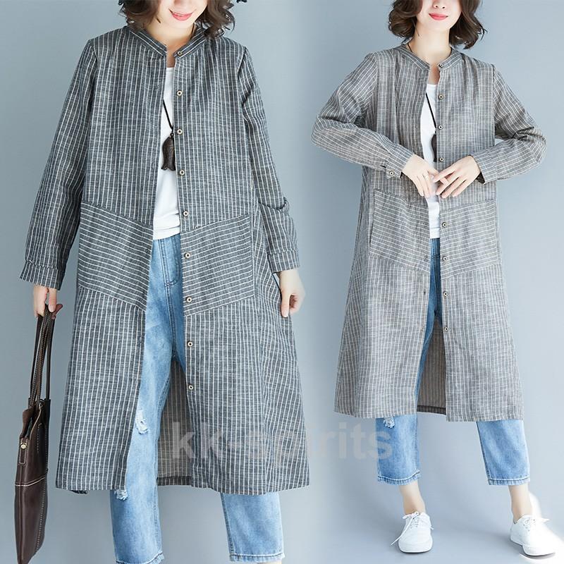 ロングワンピース 秋 コットンリネン 長袖 マキシ丈 ストライプ柄 体型カバー おしゃれ ゆったり 通勤 レディース 大きいサイズ(4)