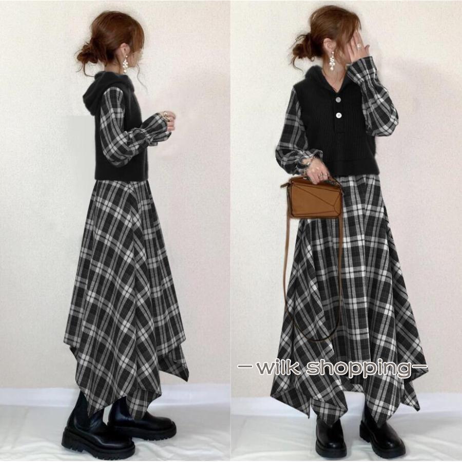 ドッキングワンピース レディース 秋服 チェック柄 フード付き ワンピース切り替え 無地 異素材 ロングワンピース 不規則裾 フレアワンピース 長袖ワンピース