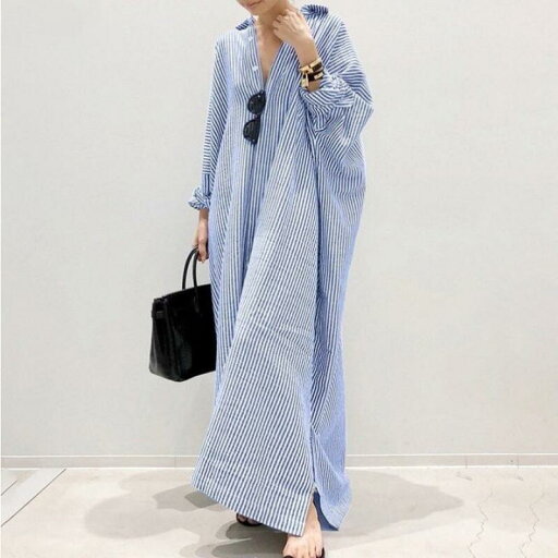 マキシワンピース シャツワンピース 春 夏 ワンピース レディース 袖あり 30代~50代 体型カバー ゆったり 着痩せ カジュアル お出かけ ストライプ柄 前開き マキシワンピース シャツワンピース 春 夏 ワンピース レディース 袖あり 30代~50代 体型カバー ゆったり 着痩せ カジュアル お出かけ ストライプ柄 前開き