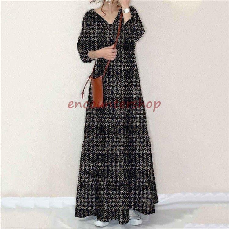 ワンピース レディース ロングワンピース 秋 40代 50代 チェック柄 マキシ丈ワンピース 通勤着 vネック..