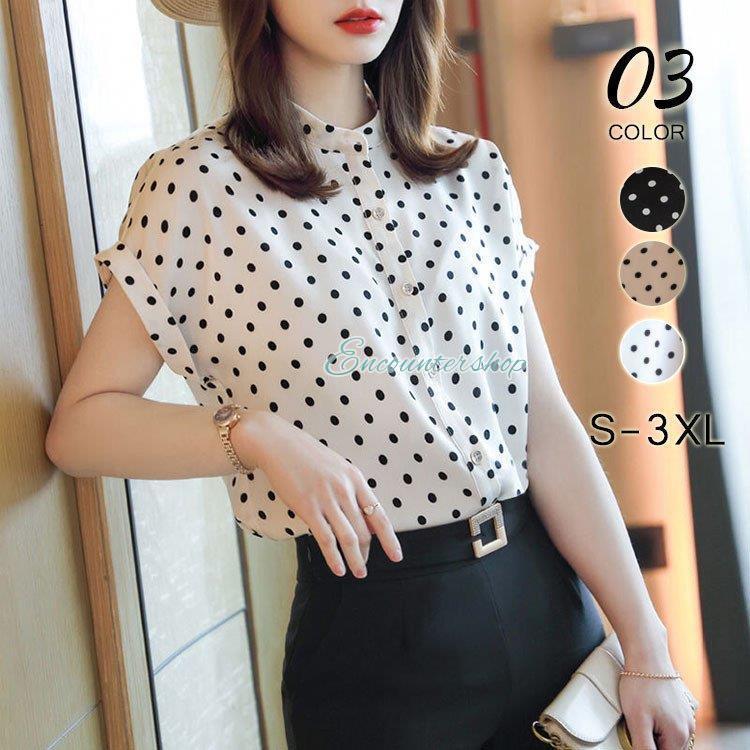 ブラウス レディース 夏 シフォン 水玉 クルーネック 半袖 韓国風 白シャツ フォーマル トップス 大人 通勤 きれいめ カジュアル おしゃれ 30代 40代 50代(4)