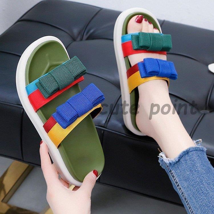 【素材】：PU&amp;amp;ゴム【カラー】： グリーン、コーヒー、ブラック【サイズ】：（約）*高さ：3cm*35＝225*36＝230*37＝235*38＝240*39＝245*40＝250【商品説明】：ミュール サンダル レディース 夏 厚底 ヒール スリッパサンダル 可愛いリボン 美脚 歩きやすい 疲れない カジュアル オシャレ 室外 外履き ビーチサンダル 美脚 3色