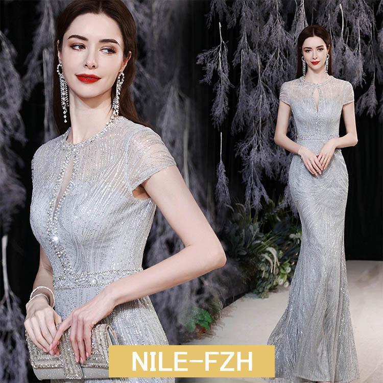 マーメイドドレス グレー ロングドレス イブニングドレス マーメイドライン スパンコール 発表会ドレス タイトドレス パーティードレス ロング丈 大きいサイズ