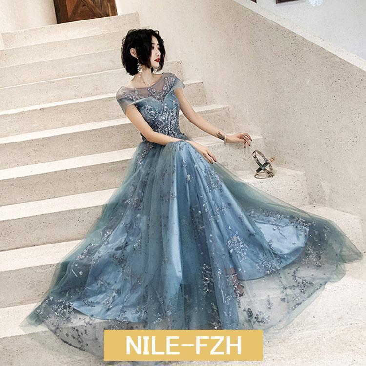 イブニングドレス ロングドレス ブルー シャンパンゴールド スパンコール キラキラ 発表会ドレス ロングパーティードレス 結婚式ドレス 二次会ドレス
