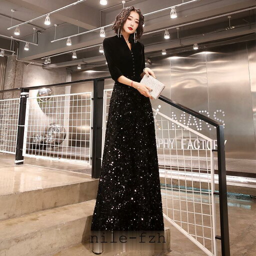 ロングドレス 母親 結婚式 演奏会用ドレス 袖付き 大人 ピアノ 発表会 キラキラ パーティー ワンピース お呼ばれ Vネック パーティードレス ドレス ロングドレス 母親 結婚式 演奏会用ドレス 袖付き 大人 ピアノ 発表会 キラキラ パーティー ワンピース お呼ばれ Vネック パーティードレス ドレス