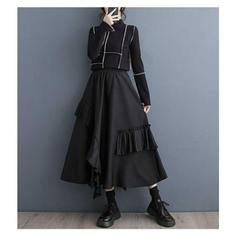 夏新作アシンメトリー スカート フレアスカート レディース Aラインスカート ロング丈 黒 不規則 ロングスカート マキシ丈スカート ふんわり ボリューム 無地 ロ