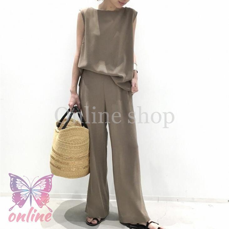 セットアップ レディース 夏 春 Tシャツ ブラウス 袖なし ノースリーブ カジュアル ワイドパンツ 無地 きれいめ ロングパンツ 体型カバー 着痩せ