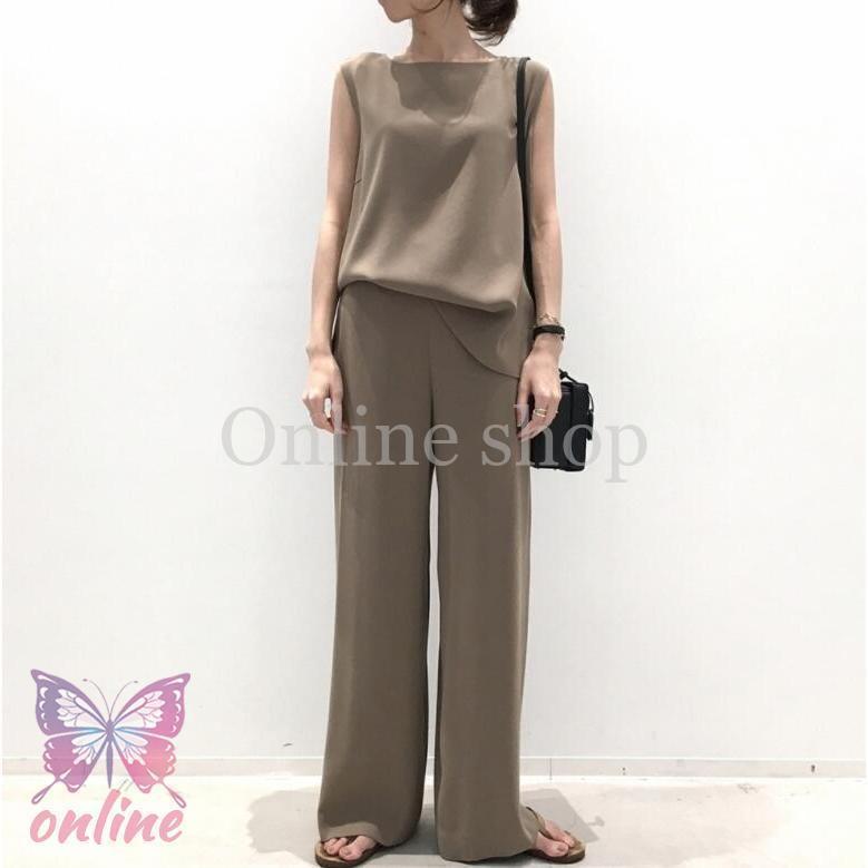 セットアップ レディース 夏 春 Tシャツ ブラウス 袖なし ノースリーブ カジュアル ワイドパンツ 無地 きれいめ ロングパンツ 体型カバー 着痩せ