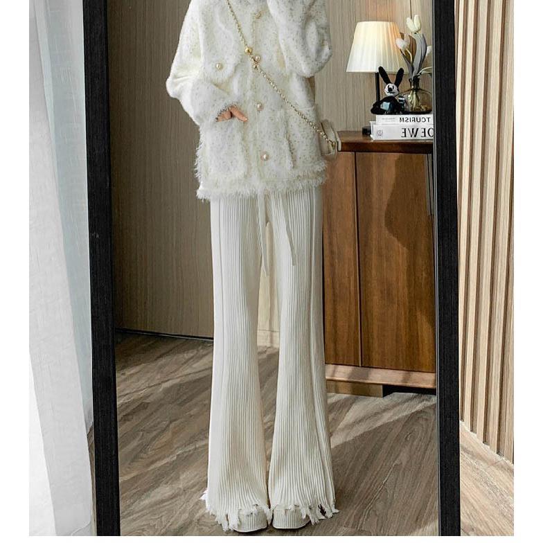 10%offクーポン発行中 ワイドパンツ レディース ニットパンツ 春 秋 ニット パンツ ロング丈 レディース ガウチョパンツ 春秋 パンツ フリンジ あったか リブニット ワイドパンツ 無地