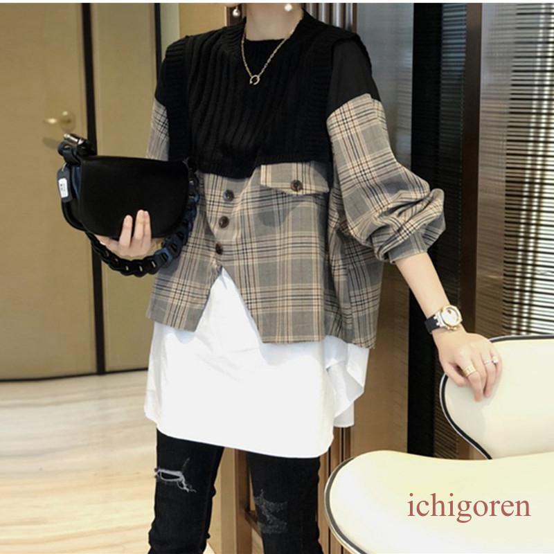 ドッキング ニットブラウス レディース レイヤードニットソー ブラウス 重ね着風 シャツ トップス カジュアル(4)