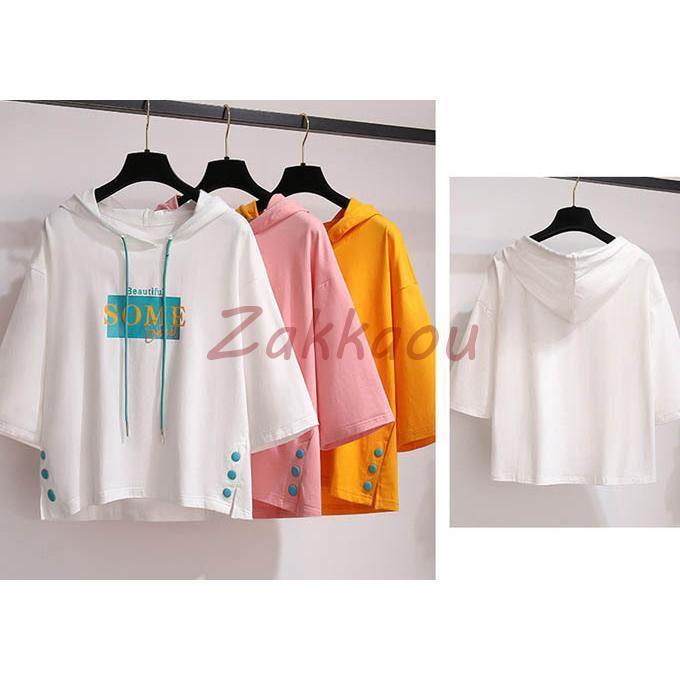Tシャツ ゆるTシャツ フード付き 五分袖 夏Tシャツ サイドスリット入り 配色 ゆったり レディース トップス