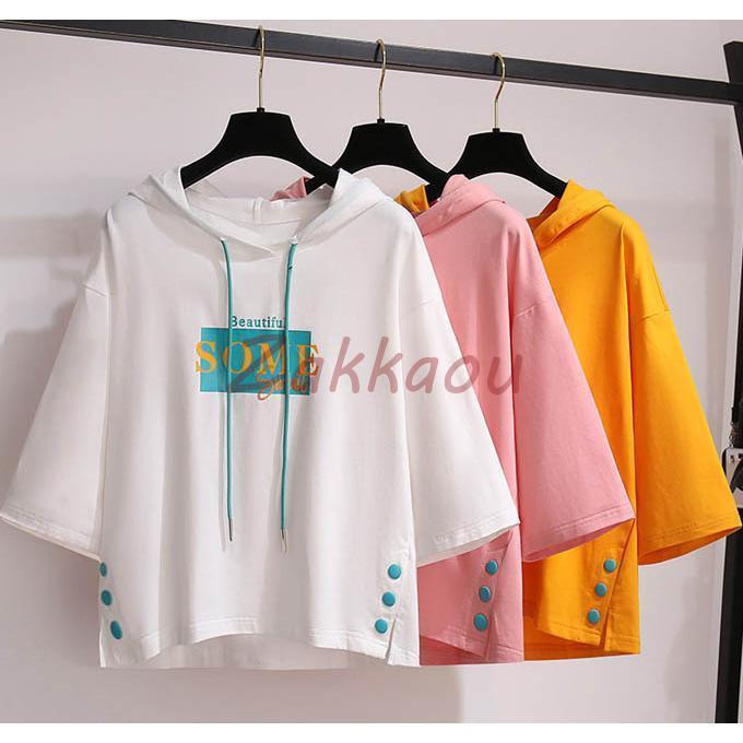 Tシャツ ゆるTシャツ フード付き 五分袖 夏Tシャツ サイドスリット入り 配色 ゆったり レディース トップス