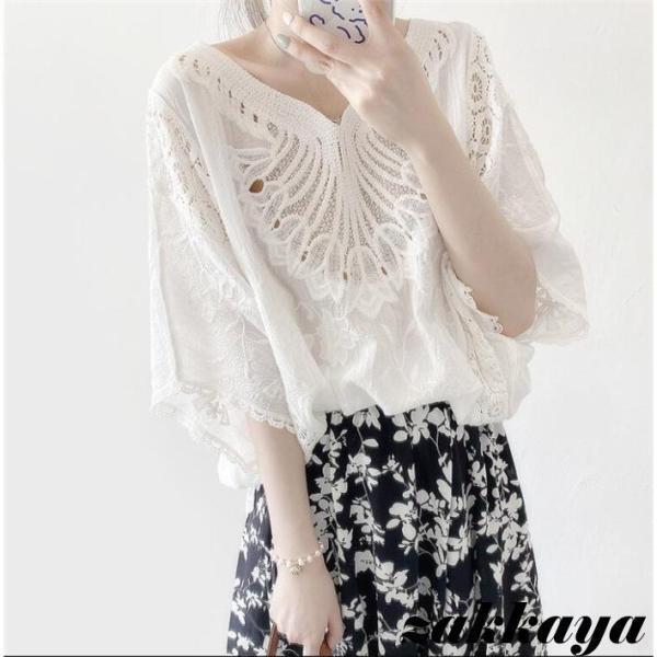 Tシャツ 半袖 レディース トップス 夏 レース パフスリーブ ゆったり 刺繍 カットソー 大きいサイズ 2022