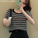 Tシャツ ボーダー柄 半袖 レディースTシャツ ショート丈 黒白 レディース トップス(4)