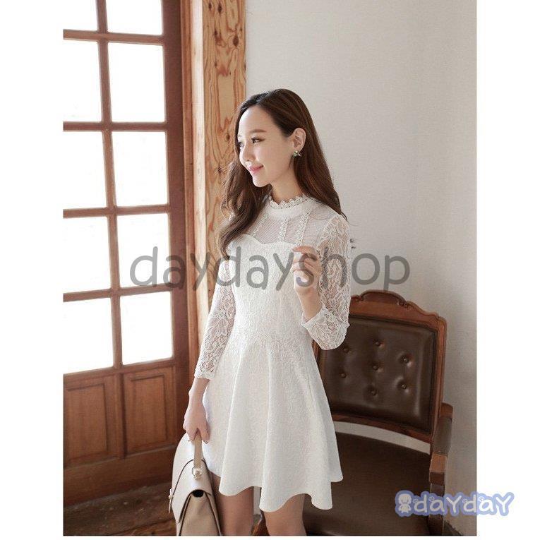 ワンピースドレス レディース 40代 秋服 きれいめ 膝丈ワンピース 白レースドレス ワンピース シースルー 長袖 Aライン 結婚式ドレス 着痩せ オシャレ