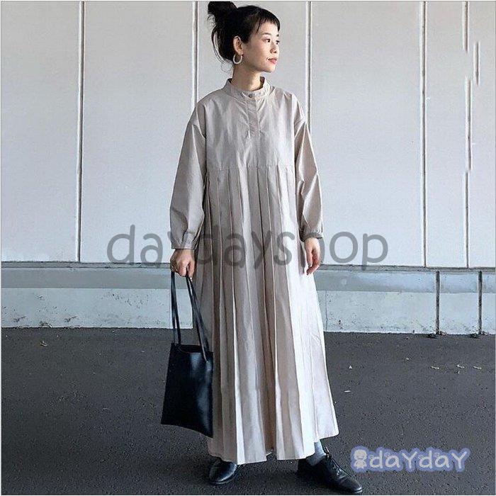 ワンピース プリーツワンピース ロングワンピース シャツワンピース 立ち襟 ワンピ プリーツ ギャザー パフスリーブ レディース ロング丈 長袖 美脚 無地 新作