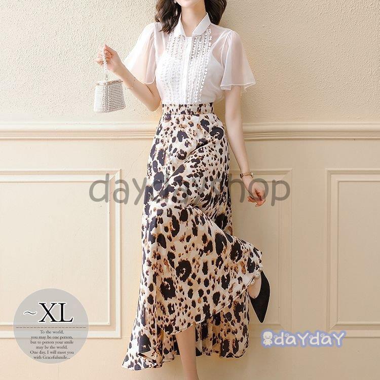 セットアップ ブラウス スカート 襟付き アニマル柄 半袖 透け感 オフィスカジュアル ロングスカート ..