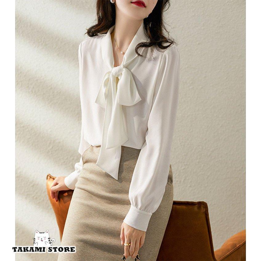 ブラウス シフォンシャツ レディース ファッション トップス リボンネック きれいめ オシャレブラウス 白 長袖 上品 大人 通勤 ゆったり シャツ 春夏秋新作