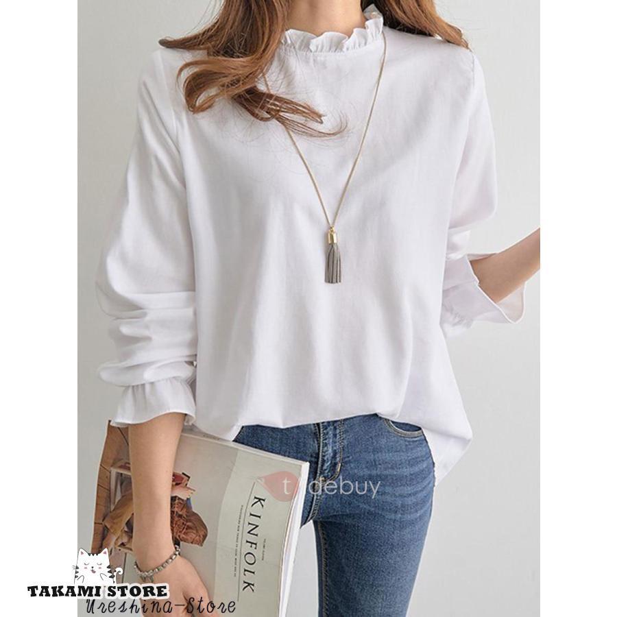 トップス レディース ブラウス フリルブラウス 白 上品 立ち襟 スタンドカラー シャツ キャンディ バルーン ギャザー 体型カバー ふんわり ゆったり