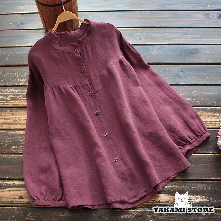 シャツ ブラウス レディース 春 夏 春夏 フォーマル オフィス おしゃれ 麻 無地 スタンドカラ- 長袖 パフスリーブ トップス