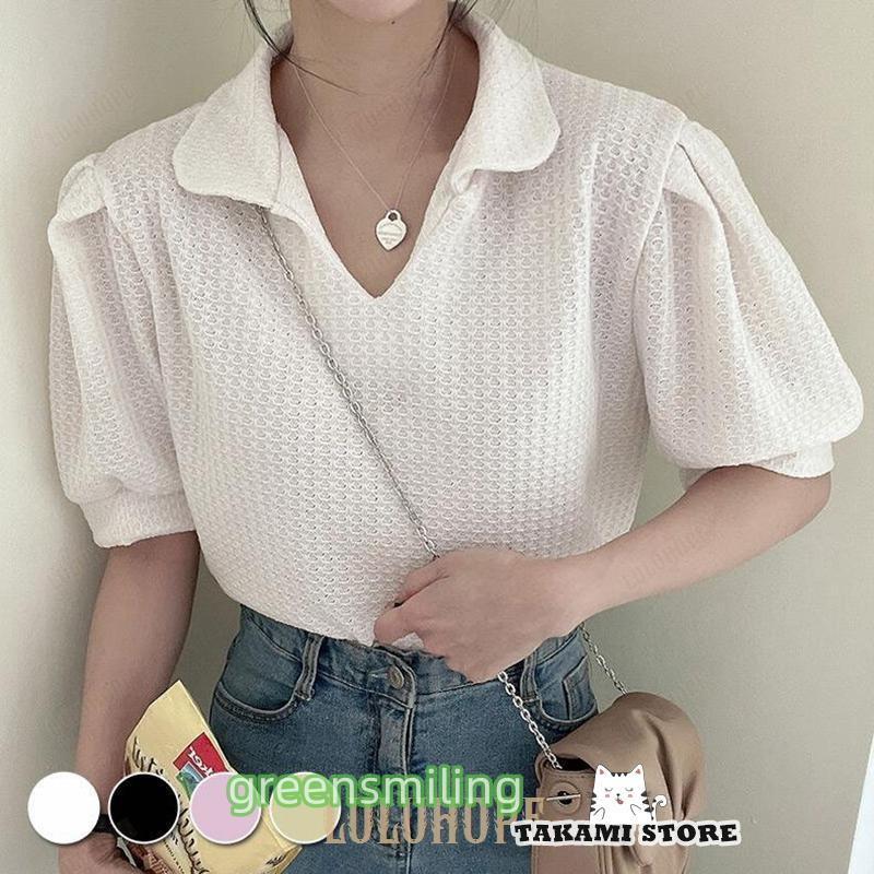 ブラウス レディース 半袖 韓国 ワッフル生地 ジョニーカラー パフスリーブ トップス シャツ 夏 おしゃれ