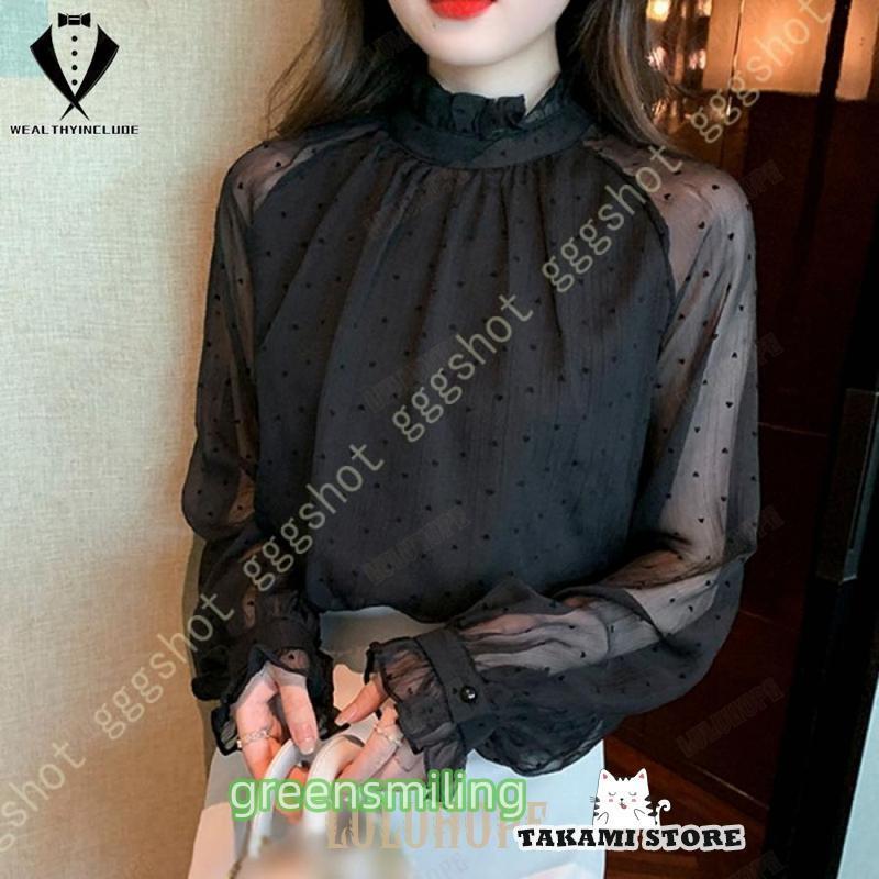 ブラウス 黒 レースブラウス レース チュール シースルー トップス パフスリーブ ブラウス ワイシャツ 細身 カジュアル 大人 トップス 刺繍 体型カバー